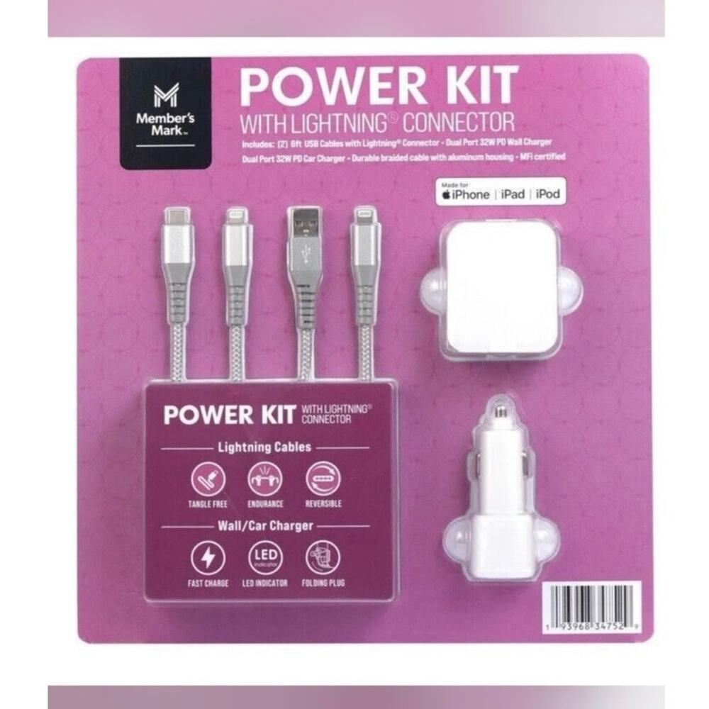 Member's Mark Lightning USB Power Kit: Car & Wall Charger & 2 Lightning Cables